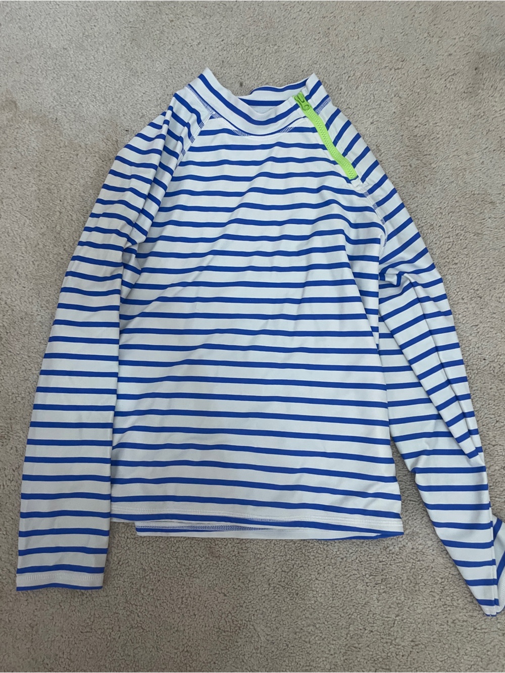 GUC Lands' End White and Blue Striped Rash Guard with Neon Green Zip Accent